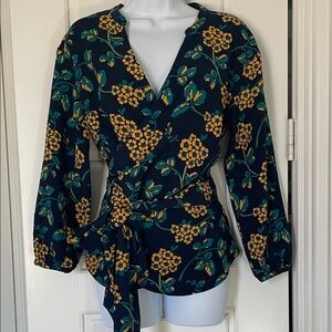 J. Crew Dark Blue and Mustard Floral Wrap Top